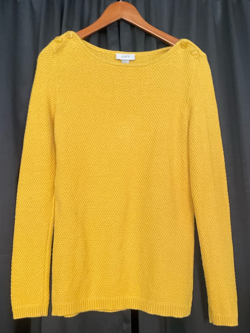 LOFT Mustard Button-Shoulder Crewneck Sweater